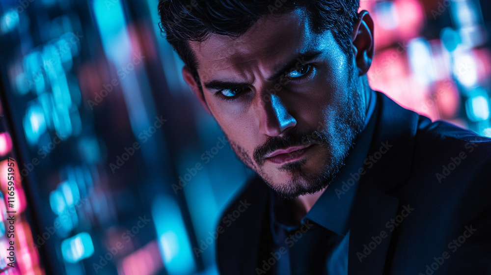 Intense gaze of a man in a dark suit illuminated by vibrant neon lights at night Intense gaze of a man in a dark suit illuminated by vibrant neon lights at night