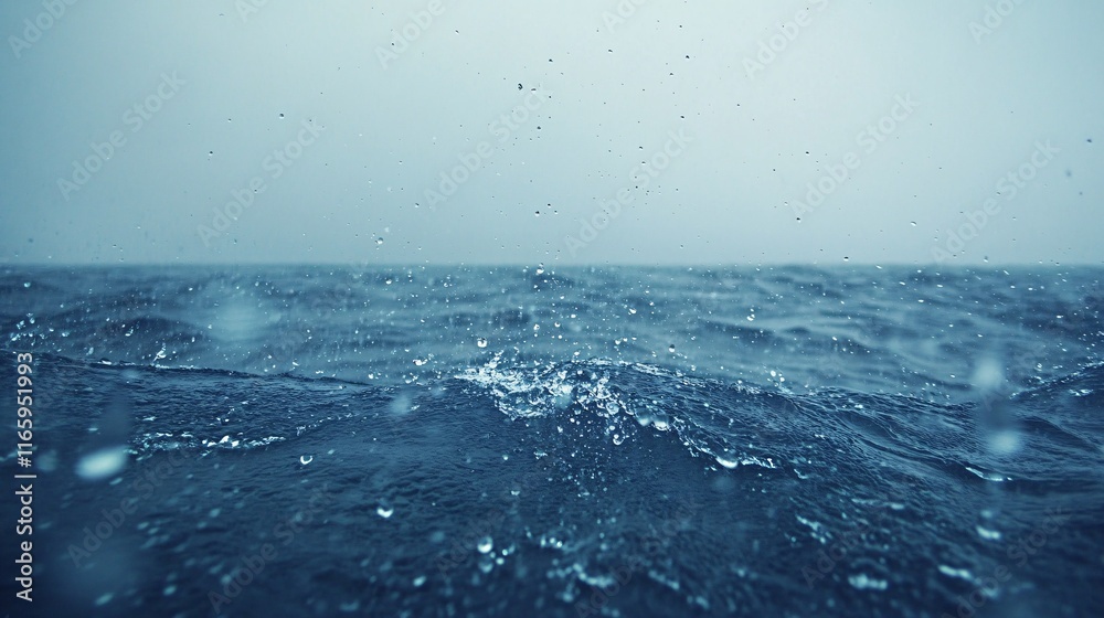 A serene view of raindrops splashing on the surface of a deep blue ocean under a moody sky. A serene view of raindrops splashing on the surface of a deep blue ocean under a moody sky.