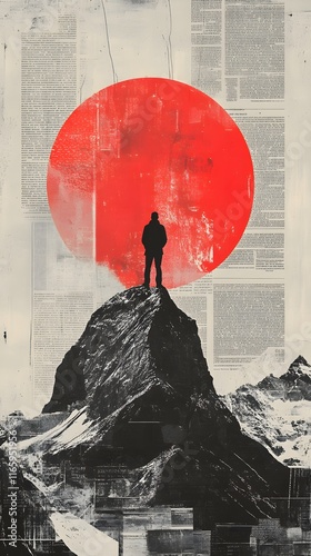 A man stands on the mountain, with mountains and a collage of newspaper textures in the background, red paint splashes