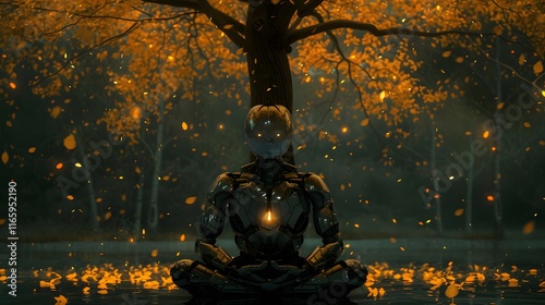 Metallic Humanoid Meditating Under a Luminous Tree in Autumn