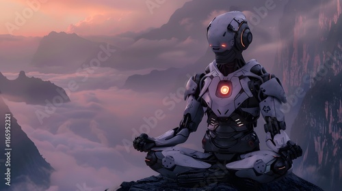 Meditating Robot on Glowing Mountaintop with Cyberpunk Aesthetic