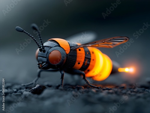 Macro photograph of a firefly s bioluminescent abdomen emitting alarm pheromones to signal danger to nearby kin  Highly detailed and crisp and sharp focus dramatic chiaroscuro lighting and a moody photo