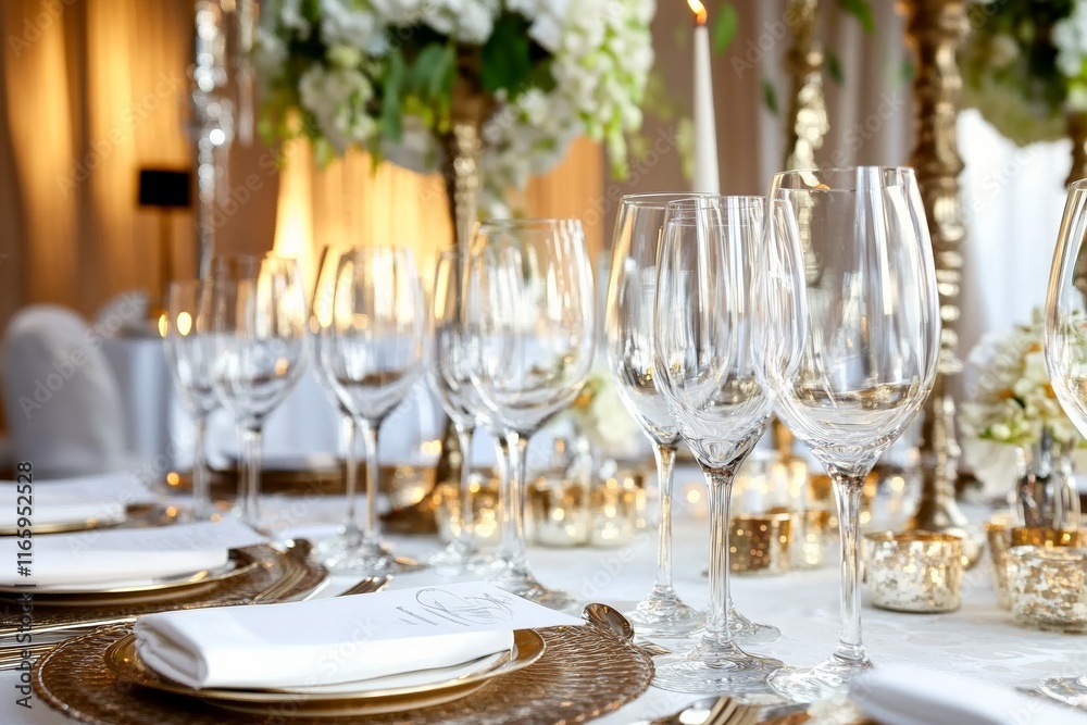 Elegantly set dining table with wine glasses and cutlery, upscale hotel restaurant ambiance. Elegantly set dining table with wine glasses and cutlery, upscale hotel restaurant ambiance.