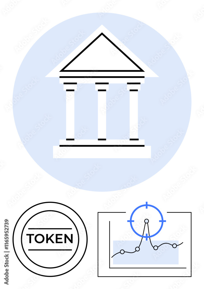 Classical bank icon, token icon, and financial graph with target. Ideal for banking, crypto, fintech, investment, data analysis, technology and abstract line flat metaphor Classical bank icon, token icon, and financial graph with target. Ideal for banking, crypto, fintech, investment, data analysis, technology and abstract line flat metaphor