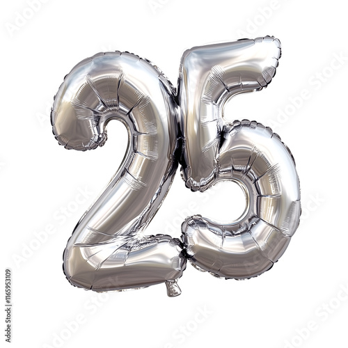 silver shiny number twenty-five balloons against white background.