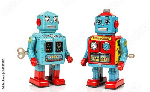 Colorful Vintage Tin Robots Showcasing Retro Nostalgia and Classic Design photo