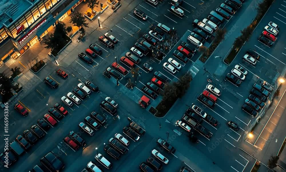 Aerial view of a parking lot filled with various cars under evening lighting.