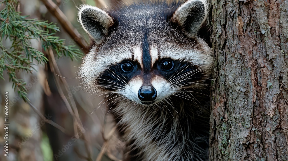 Close-up of a raccoon peeking from behind a tree. Close-up of a raccoon peeking from behind a tree.