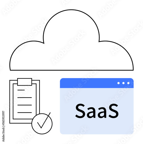 Cloud with browser window labeled SaaS, clipboard checklist, and checkmark. Ideal for software services, cloud networks, digital efficiency, automation, tech management, data sharing abstract line