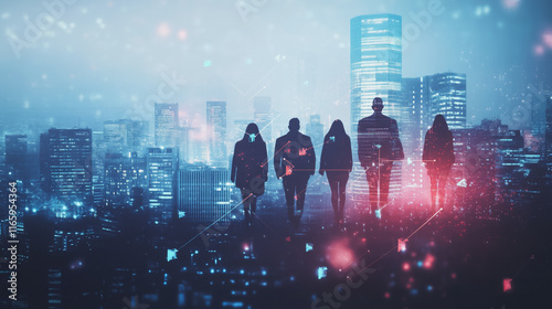 Abstract business team stands on the peak of success amid tall, innovative Smart city and graphs with statistics to analyze business potential and predict future developments in company growth.