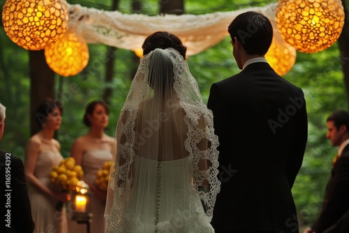 A serene Jewish wedding in an orchard, with a chuppah decorated with hanging fruits and flowers, the couple exchanging vows under twilight, and guests enjoying a feast nearby. Include intricate  photo