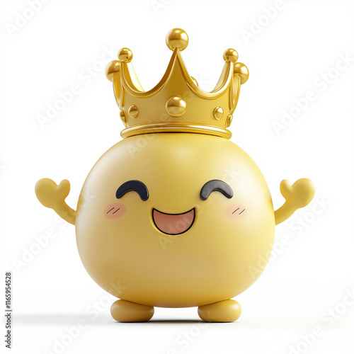 Cute cartoon character with a big smile wearing a golden crown, symbolizing joy, happiness, and royalty in a fun and playful design ideal for illustrations