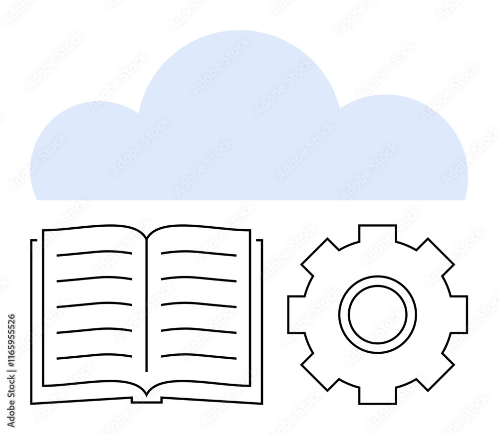 Open book, gearwheel, and cloud emphasizing knowledge, technology, innovation, and collaboration. Ideal for learning, cloud computing, data management education teamwork productivity abstract Open book, gearwheel, and cloud emphasizing knowledge, technology, innovation, and collaboration. Ideal for learning, cloud computing, data management education teamwork productivity abstract