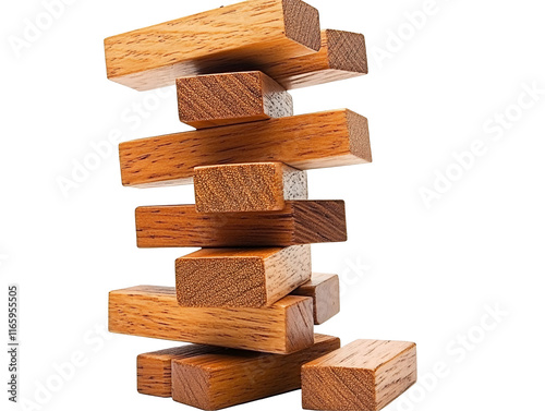 Isolated Stack of Wooden Blocks and Fallen Pieces photo