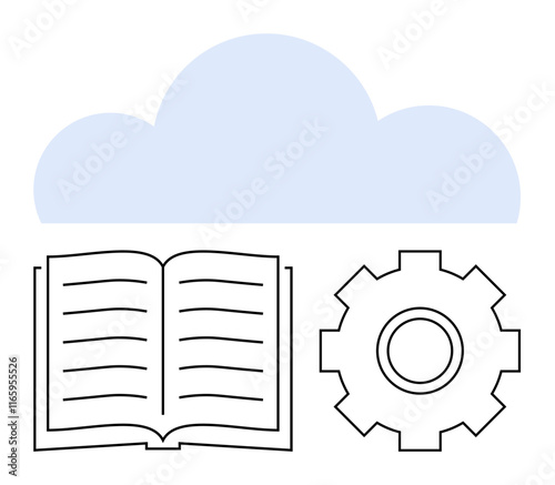 Open book, gearwheel, and cloud emphasizing knowledge, technology, innovation, and collaboration. Ideal for learning, cloud computing, data management education teamwork productivity abstract