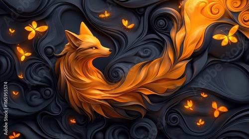 Vibrant orange fox surrounded by glowing butterflies. Generative AI photo