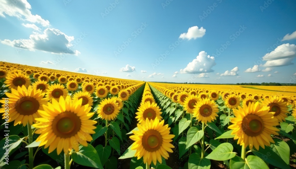 Obraz premium Endless rows of sunflowers, huge blooms under a cloudless sky , rural, sunny, field of flowers