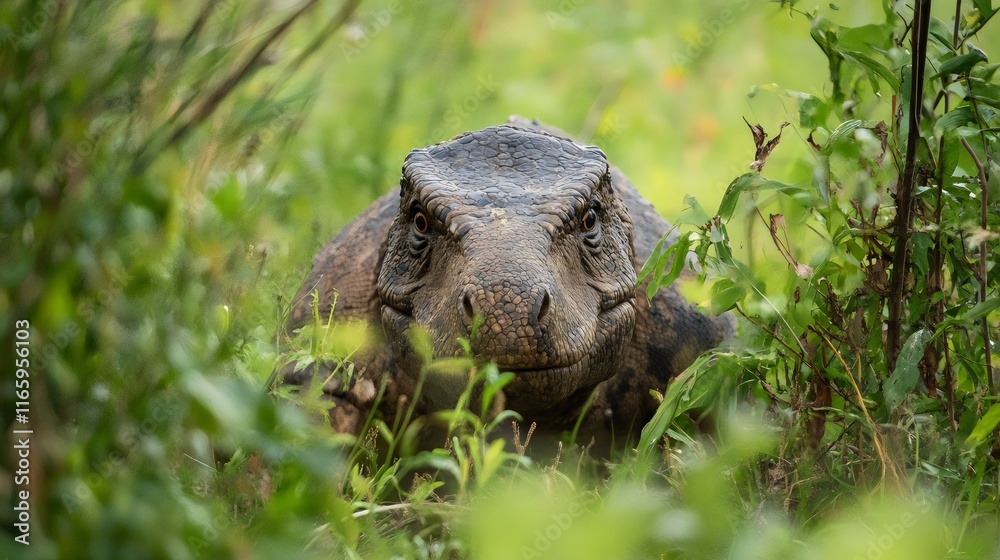 A close-up view of a large reptile peering through lush green vegetation, showcasing its textured skin and intense gaze. A close-up view of a large reptile peering through lush green vegetation, showcasing its textured skin and intense gaze.
