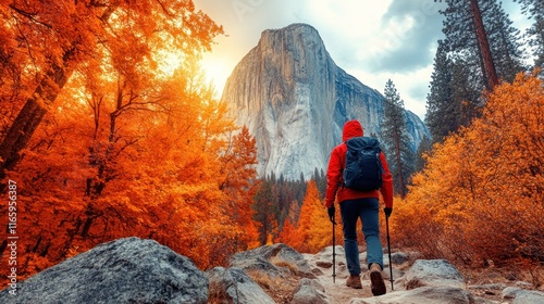 Fototapeta Naklejka Na Ścianę i Meble -  Hiker in autumn forest views majestic granite cliff.