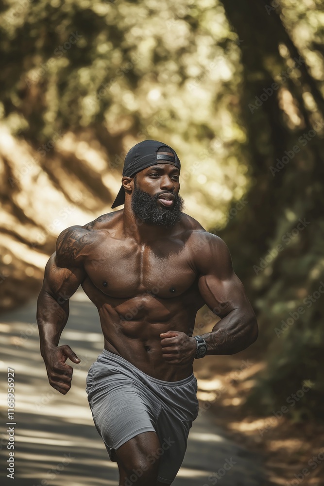 A muscular man confidently runs on a shaded trail, embodying fitness. A muscular man confidently runs on a shaded trail, embodying fitness.