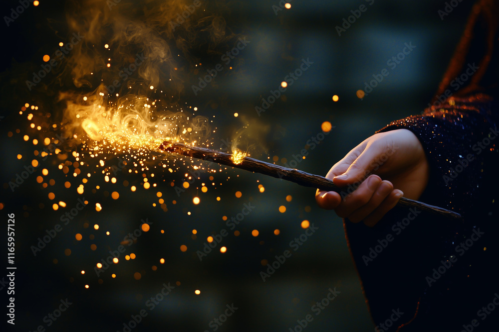 Fototapeta premium A magical wand cast in darkness, radiating sparkling gold lights.