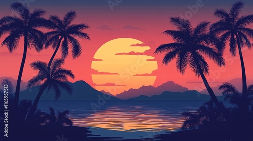 A tranquil sunset over a tropical beach with silhouetted palm trees and gentle waves, evoking a serene and relaxing mood.