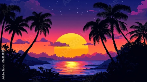 A vibrant tropical sunset with palm trees silhouetted against a colorful sky.