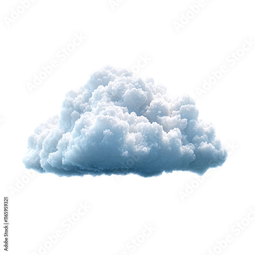 A fluffy white cloud with a slightly darker blue shade on its underside floats against an entirely white background. photo