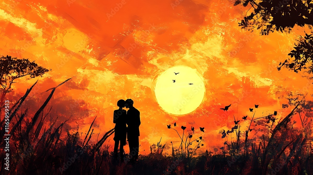 Fototapeta premium Silhouette of couple kissing at sunset