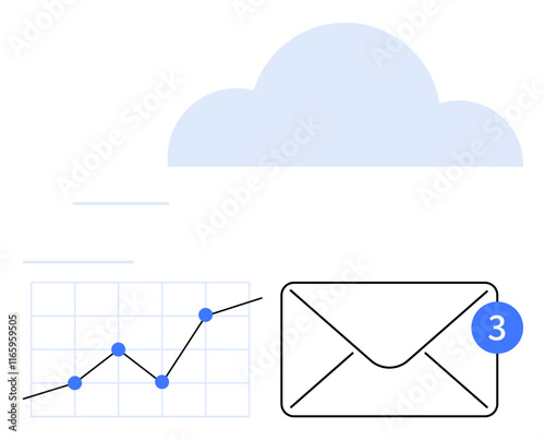 Cloud icon with upward trend graph and email notification badge. Ideal for communication, cloud storage, data sharing, analytics, notifications, growth insights, abstract line flat metaphor