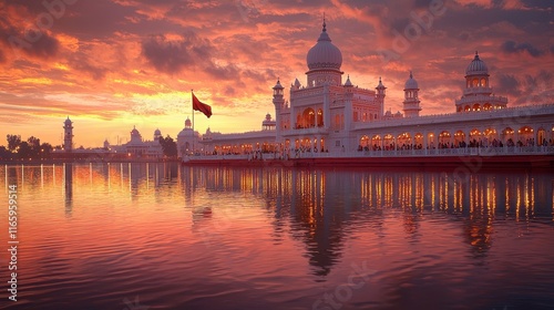 Wallpaper Mural A vibrant Gurpurab celebration at a Gurudwara, with devotees walking barefoot, langar meals being served under glowing tents, and a Nishan Sahib flag fluttering in the wind. Add intricate designs  Torontodigital.ca