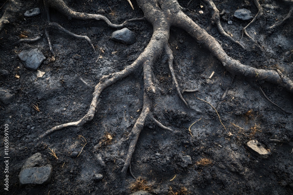 Detailed view of twisted roots breaking through dark soil with stones, highlighting nature's resilience and growth process Detailed view of twisted roots breaking through dark soil with stones, highlighting nature's resilience and growth process