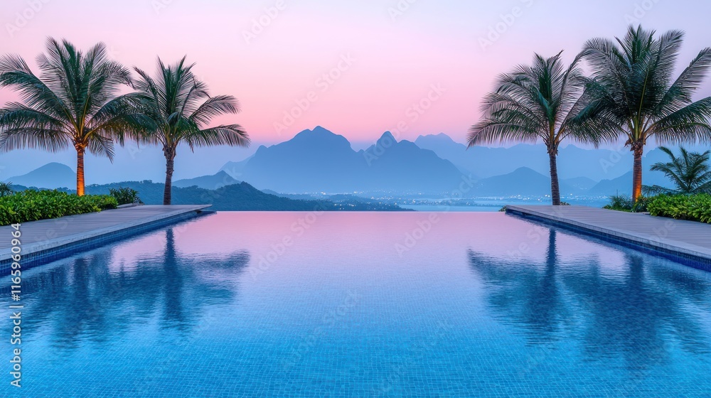 Infinity pool overlooking mountains at sunrise. Infinity pool overlooking mountains at sunrise.