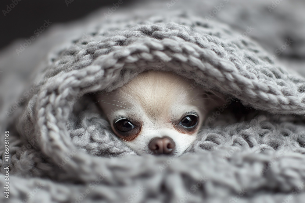 Chihuahua dog doesn't want to wake up in cold day , sleepy chihuahua dog under gray and white stripes blanket. Chihuahua dog doesn't want to wake up in cold day , sleepy chihuahua dog under gray and white stripes blanket.