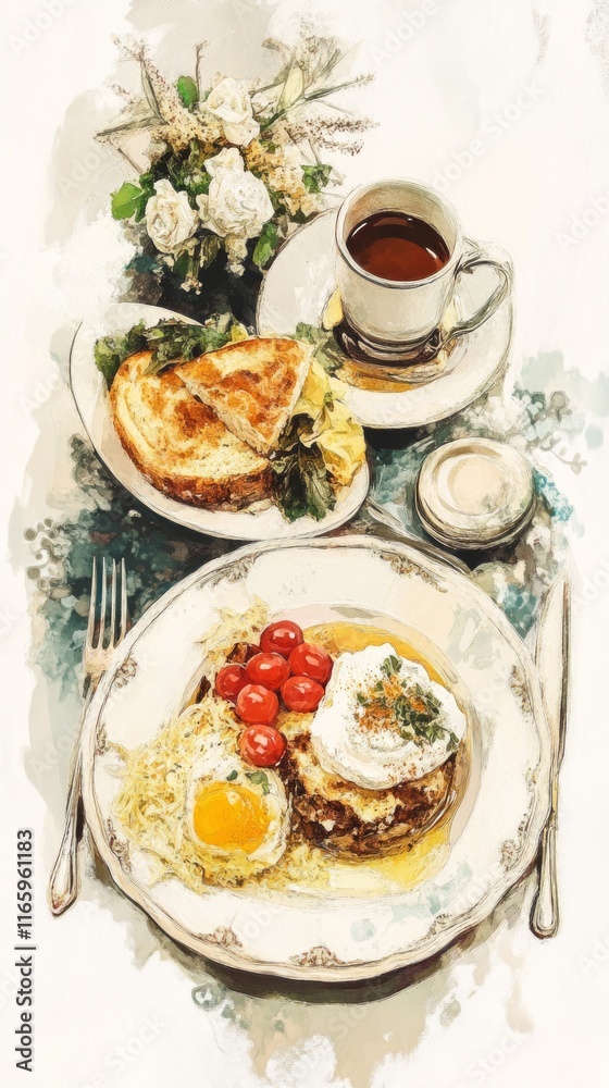 A Delicate Breakfast Scene, A Harmonious Blend of Food and Flowers, A Masterpiece of Still Life A Delicate Breakfast Scene, A Harmonious Blend of Food and Flowers, A Masterpiece of Still Life