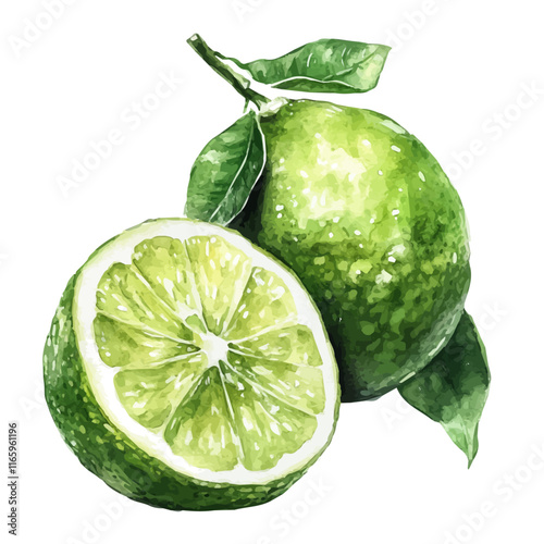 A watercolor drawing of a lime, isolated on a white background. Lime vector.
