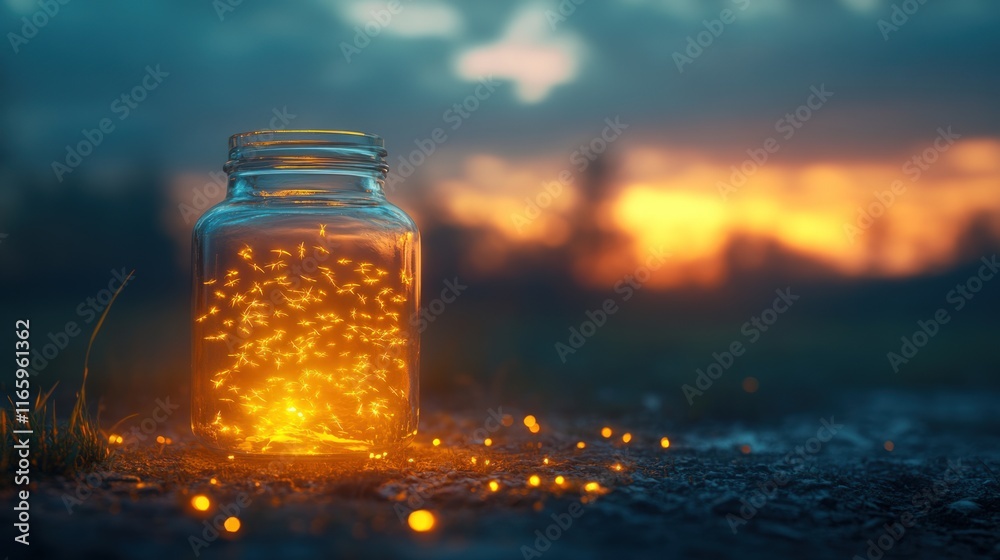 Sunset, jar, glowing lights, magical ambiance. Sunset, jar, glowing lights, magical ambiance.