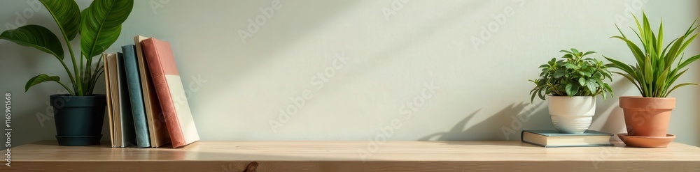 Fototapeta premium Blank book cover mockup; wooden desk, books, plants, illustration, promotion, green