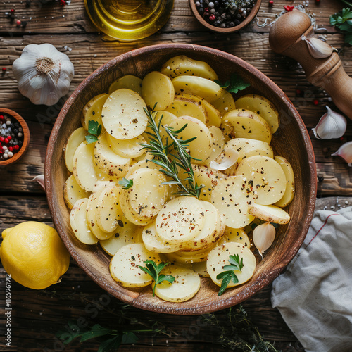 Zenith view of a plate with sliced potatoes seasoned with salt, pepper, garlic and rosemary. Around lemon, garlic, oil and spices.