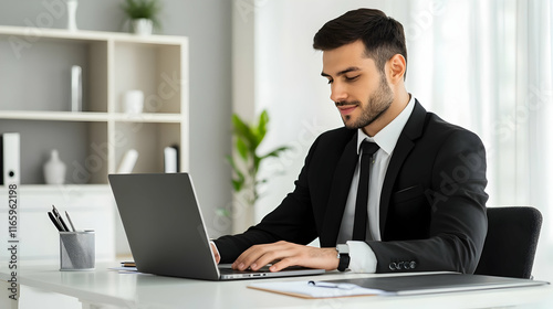 Office worker typing on laptop at clean desk professional business setting