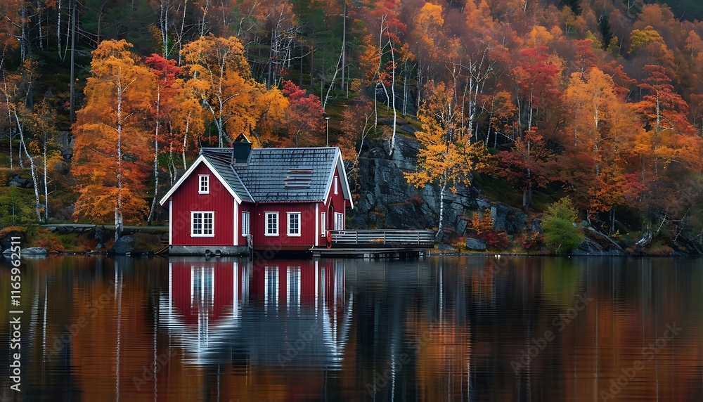 Obraz premium Beautiful autumn landscape with red house on the shore of the lake