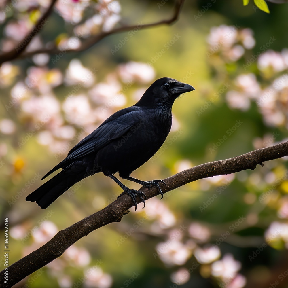 Majestic Crow Perched on Branch, Spring Blossoms Background Majestic Crow Perched on Branch, Spring Blossoms Background