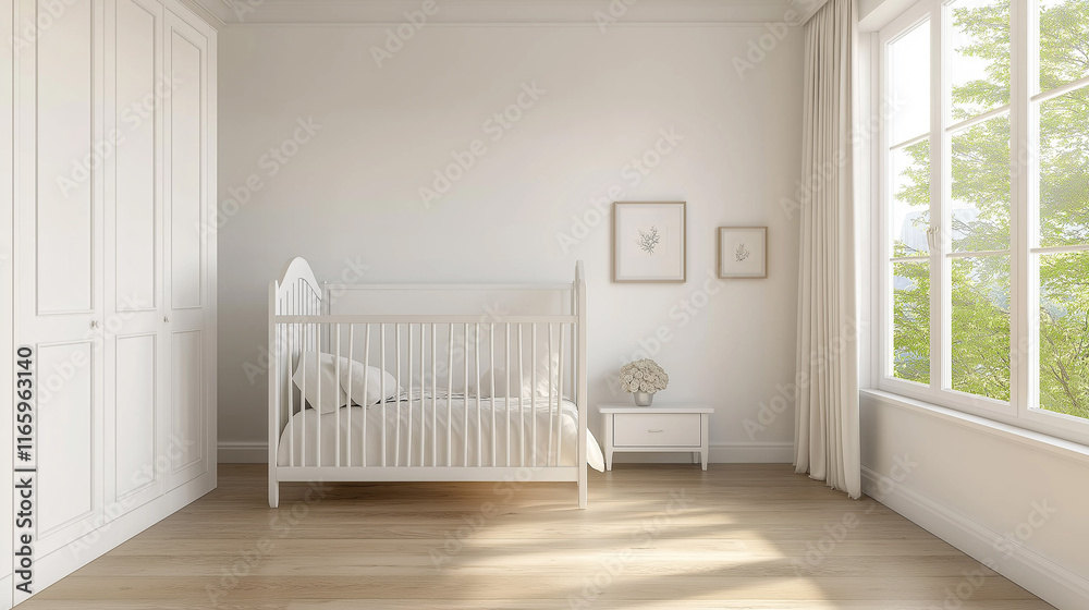 Modern nursery, white furniture, large windows, natural light, cozy and comfortable Modern nursery, white furniture, large windows, natural light, cozy and comfortable