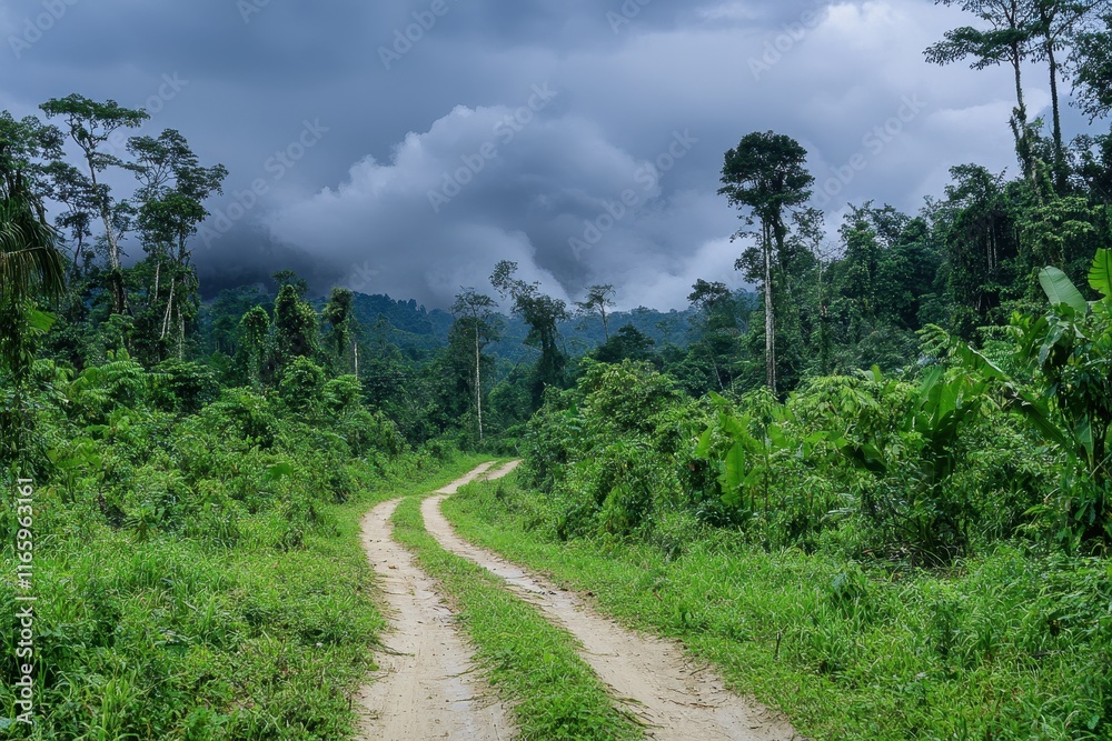 Lush green forest with a winding dirt road under stormy clouds in an untouched wilderness area Lush green forest with a winding dirt road under stormy clouds in an untouched wilderness area