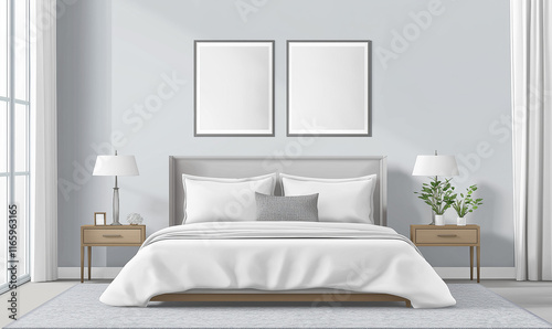 Modern minimalist bedroom, white bedding, wooden furniture, double bed, cozy home environment photo