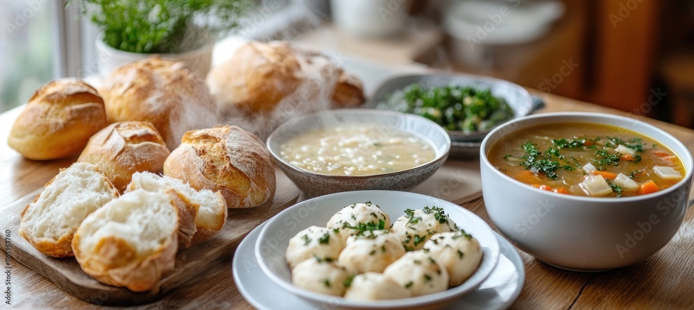 Steaming hot dinner rolls, dumplings, and soup on a wooden table Steaming hot dinner rolls, dumplings, and soup on a wooden table