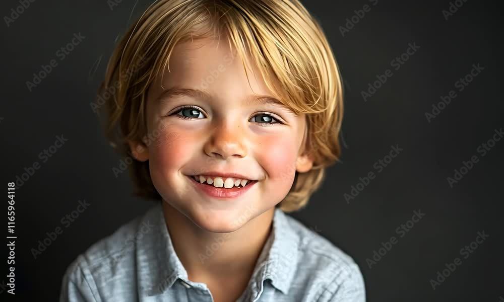 A smiling young boy with blonde hair and blue eyes, wearing a light shirt against a dark background. A smiling young boy with blonde hair and blue eyes, wearing a light shirt against a dark background.
