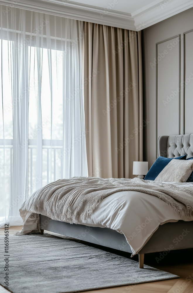 Modern minimalist bedroom with grey bedding, floor-to-ceiling window with white curtains, ample natural light Modern minimalist bedroom with grey bedding, floor-to-ceiling window with white curtains, ample natural light