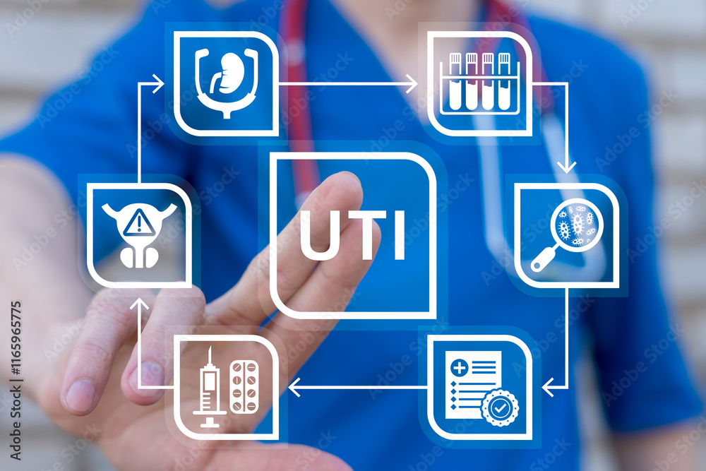 Doctor working on virtual touch screen presses abbreviation: UTI. UTI Urinary Tract Infection Medical Concept. Modern diagnostics and treatment of urinary tract diseases. Doctor working on virtual touch screen presses abbreviation: UTI. UTI Urinary Tract Infection Medical Concept. Modern diagnostics and treatment of urinary tract diseases.