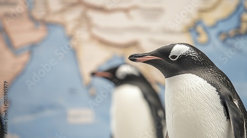 A close-up of a penguin with a world map in the background. photo